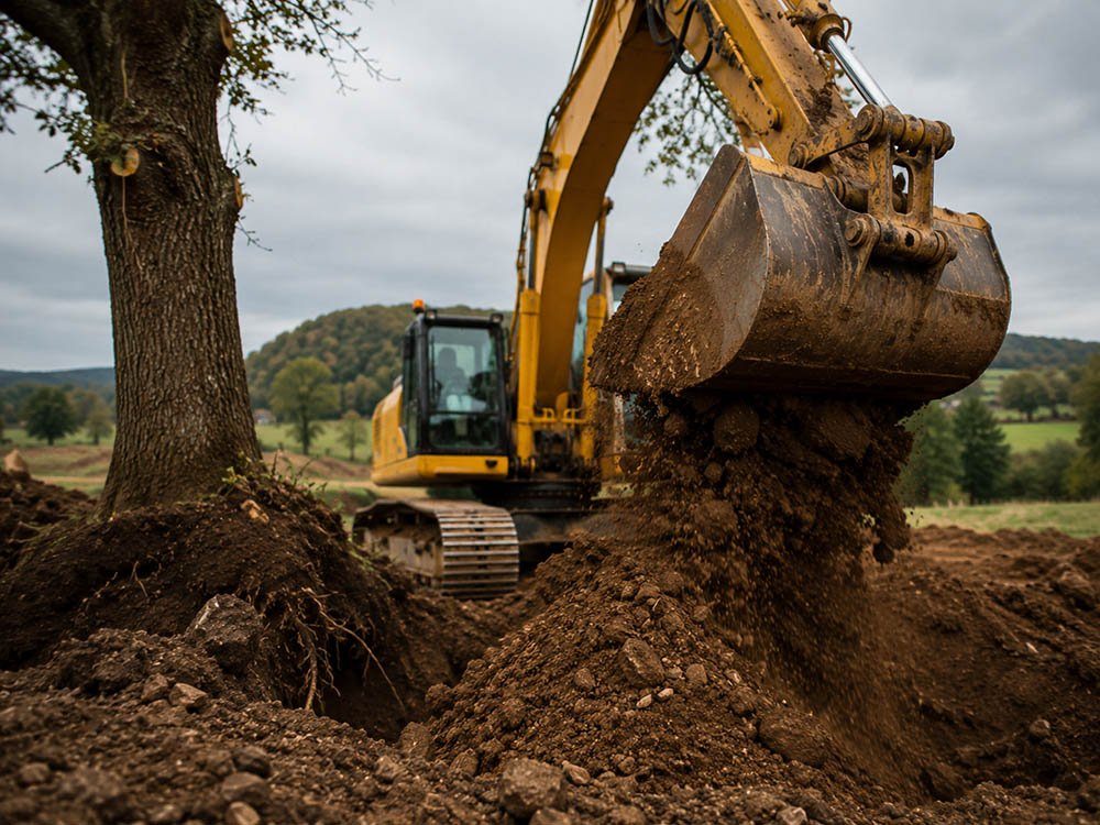 Erdbewegung und Baggerarbeiten Bagger bei Erdarbeiten und Aushubarbeiten auf einer Baustelle